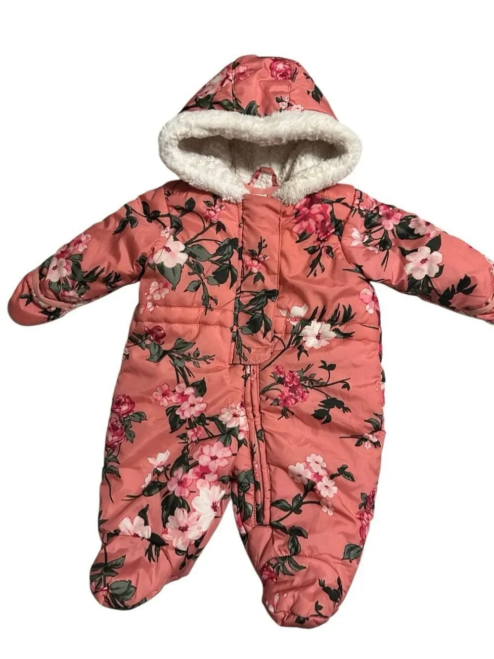 The Children's Place Baby Girl Pink Floral Infant Insulated Snowsuit 0-3 Months